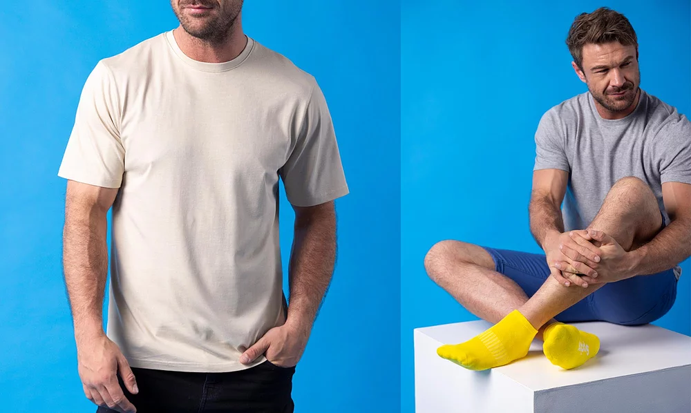Man wearing blue and white bamboo trainer socks