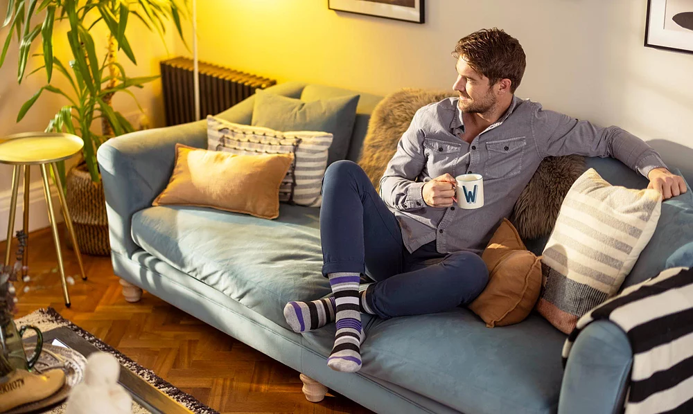 Close-up of men's brown striped cotton socks