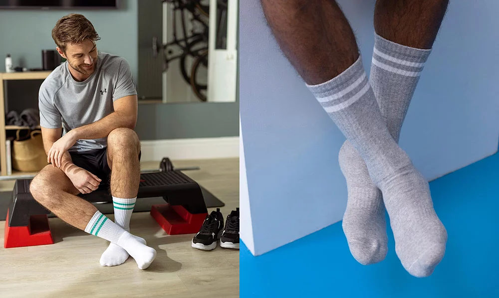 Man wearing blue and white bamboo trainer socks
