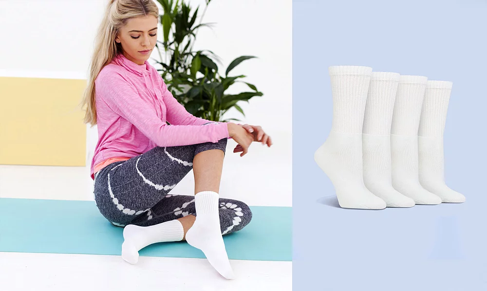 Woman wearing blue and white bamboo trainer socks