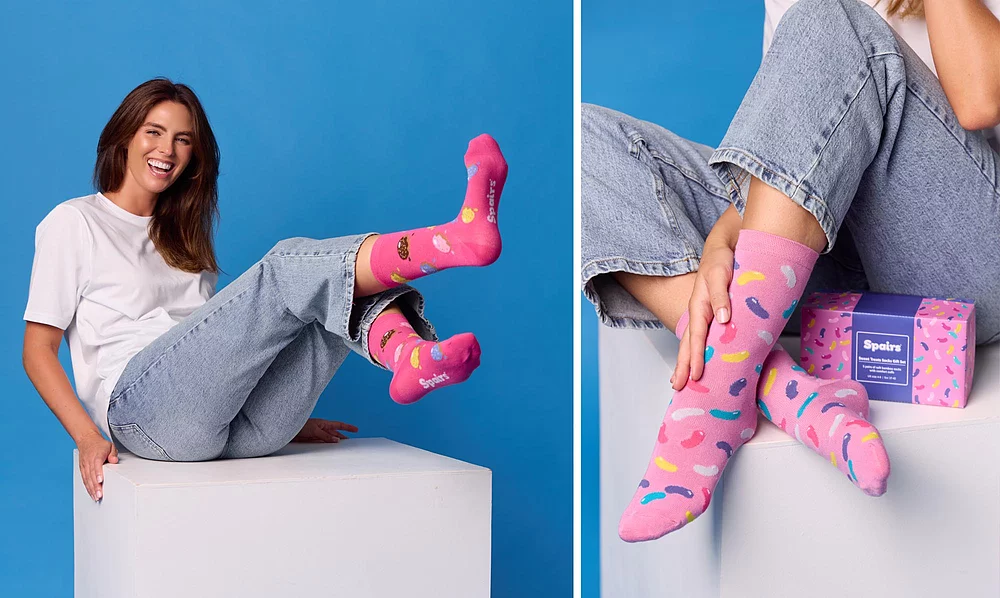 Woman wearing jelly bean novelty bamboo socks
