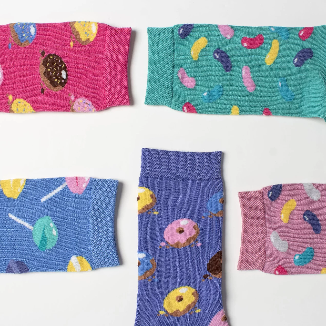 Five pair pack of women's pink, blue & yellow sweet treats novelty socks
