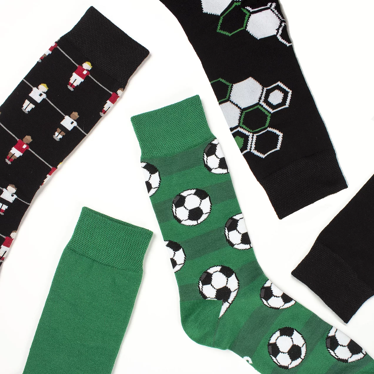 Five pair pack of men's green and black novelty football socks