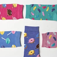 Five pair pack of women's pink, blue & yellow sweet treats novelty socks