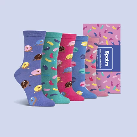 Women's five pack of bamboo socks in a sweet treats design in a gift box