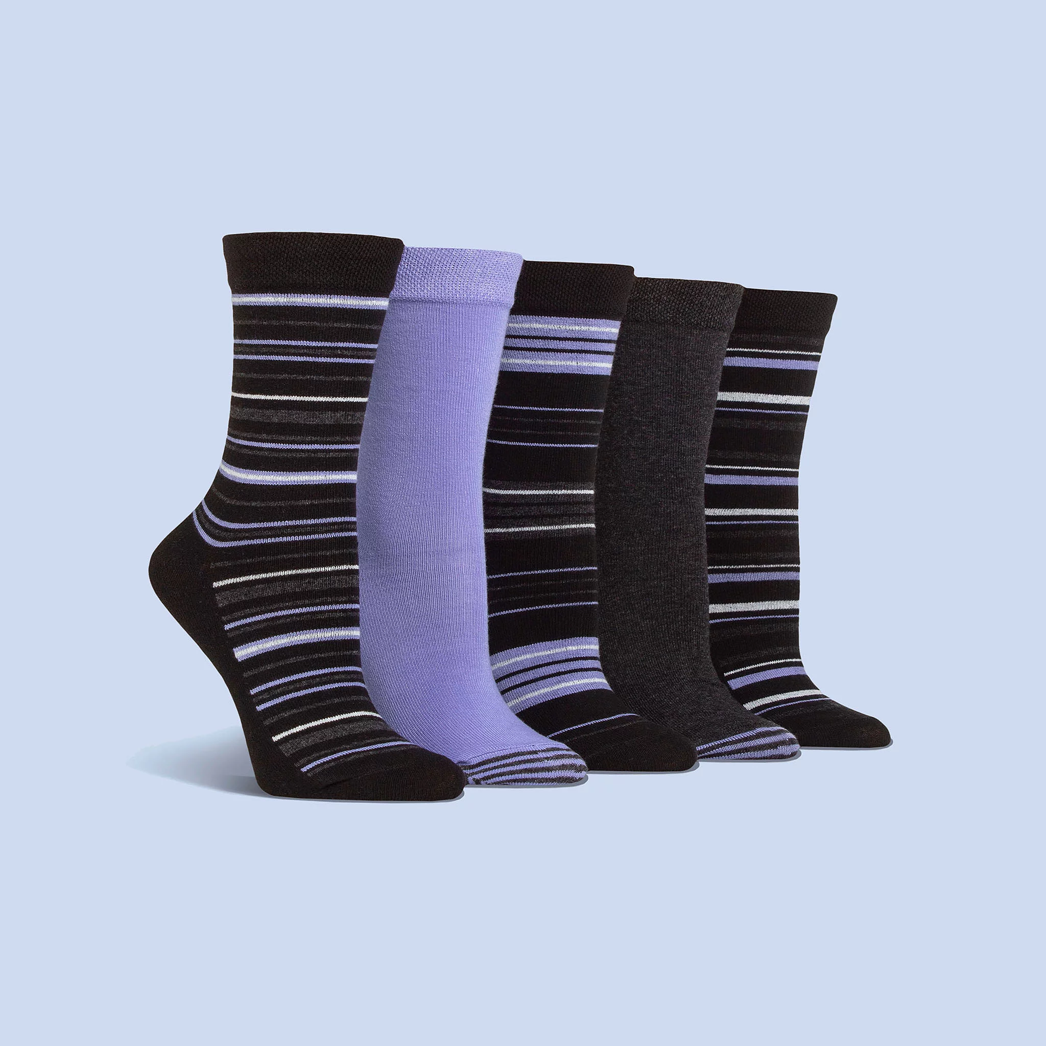Five pairs of women's striped cotton socks in black, purple and grey