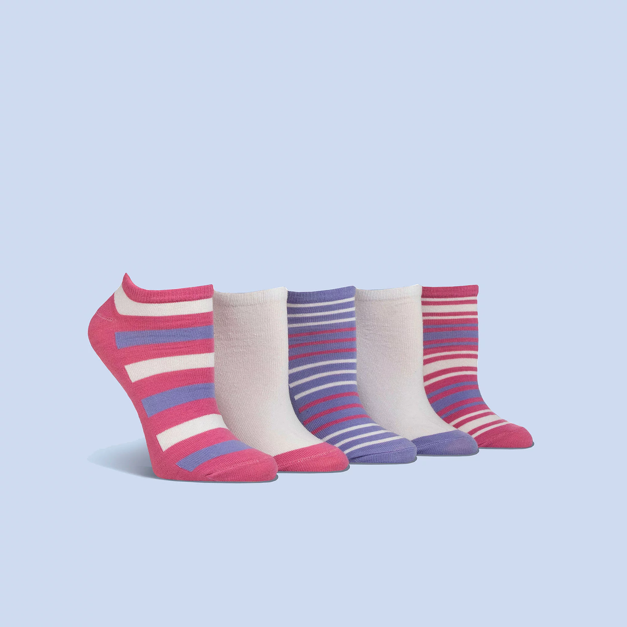 Women's five pack of pink striped low cut cotton trainer socks