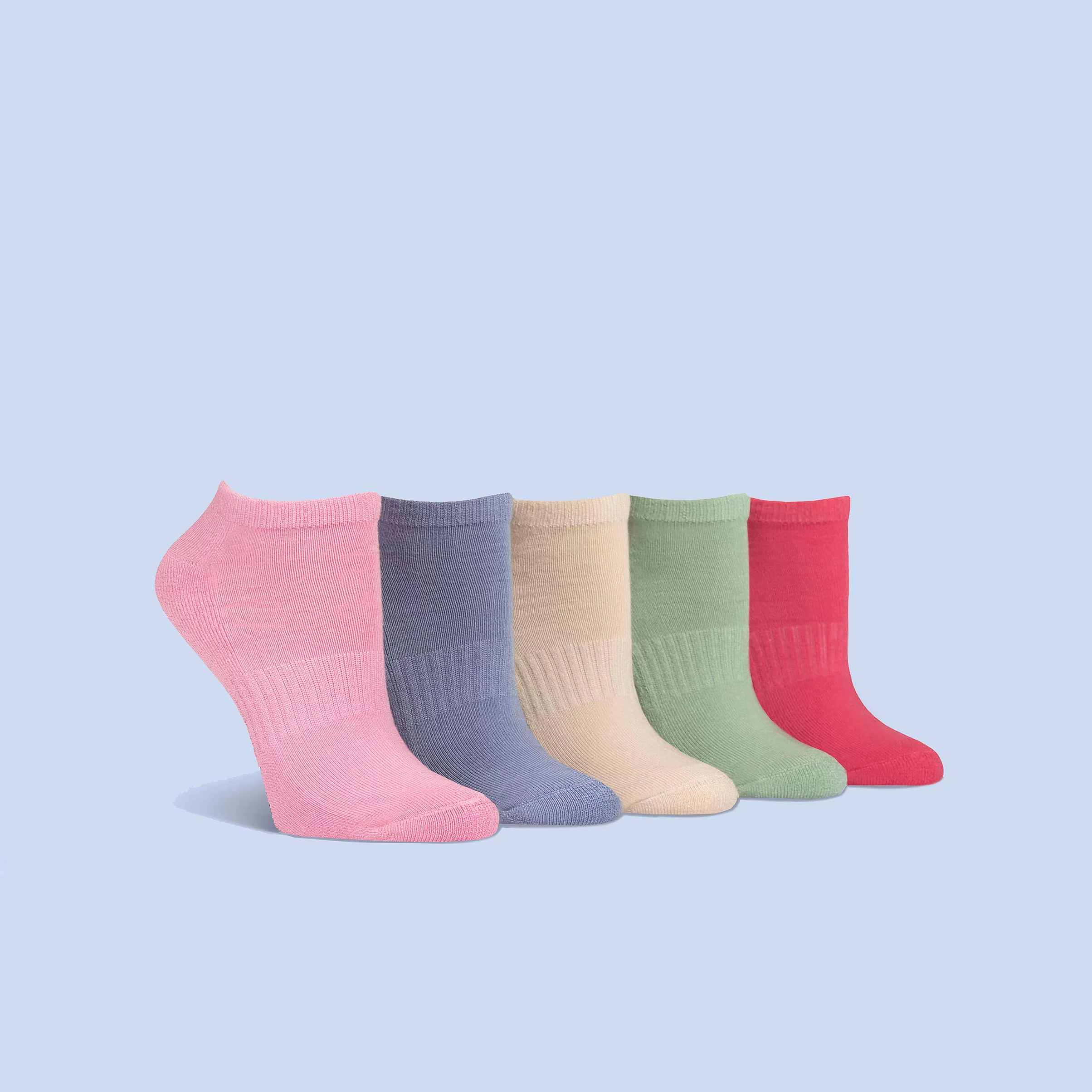 Five pack of women's cushioned bamboo trainer socks in pink, purple, cream, green and coral