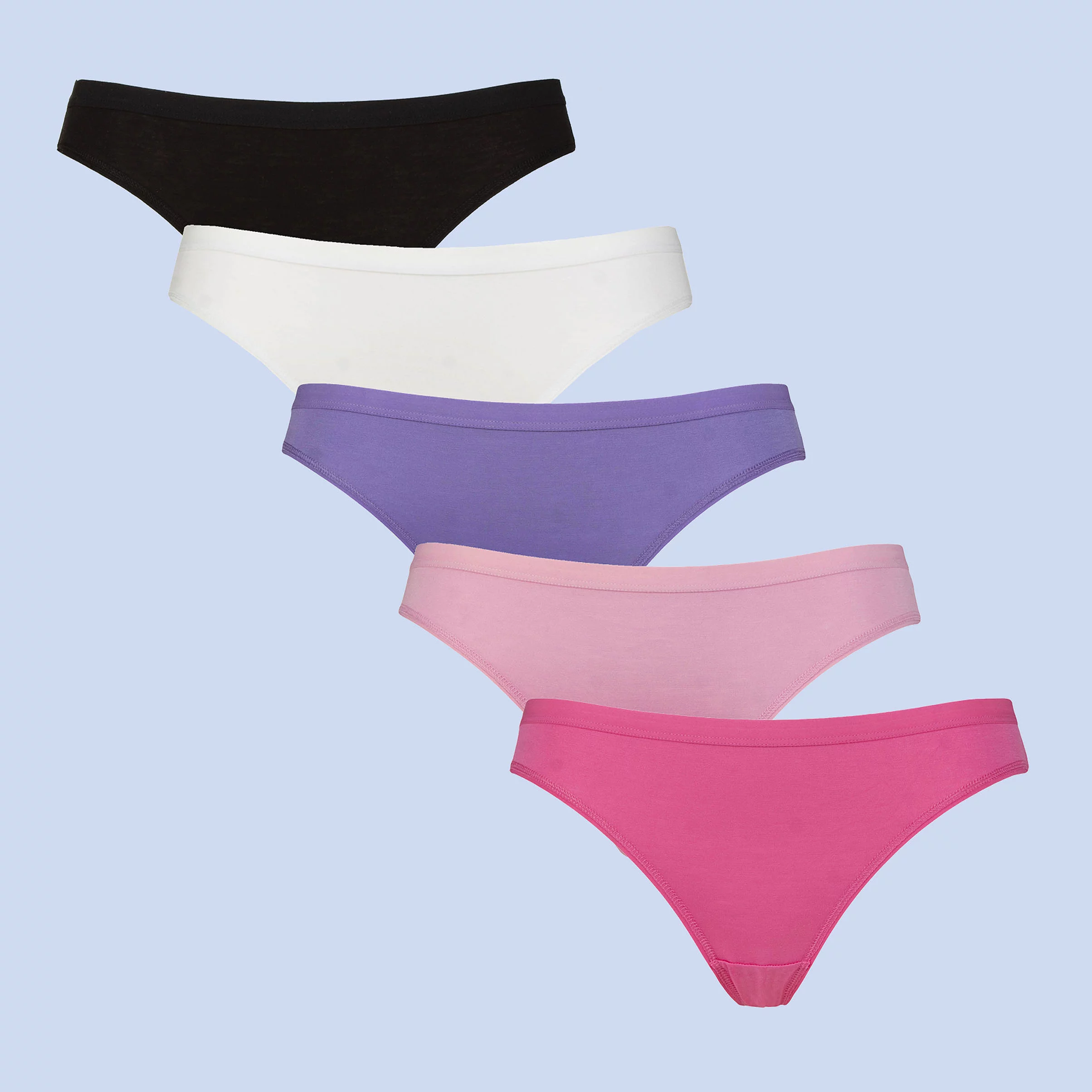 Women's pink, black, cerise, purple and white bamboo bikini briefs in a five pack