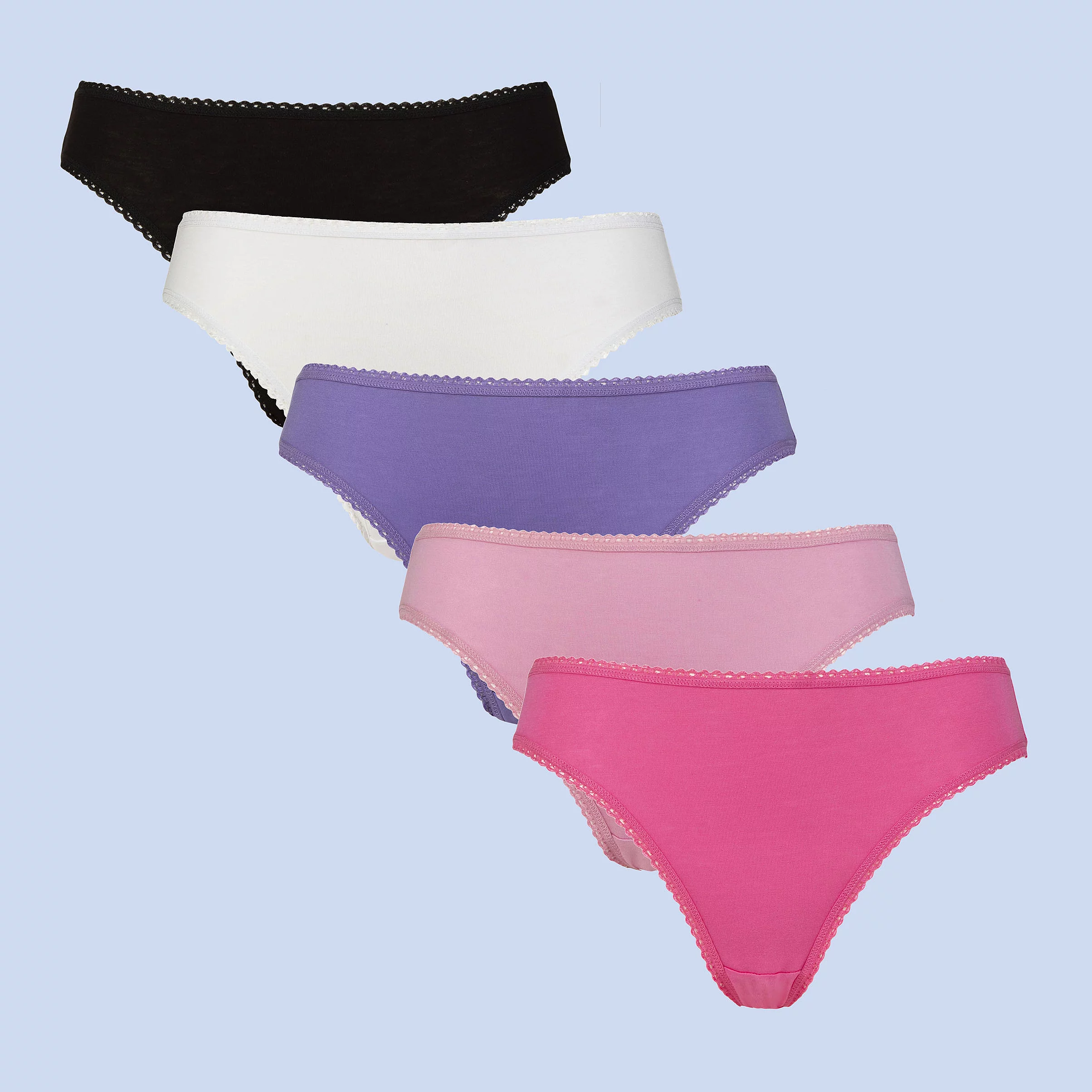 Five pairs of women's white, purple, pink, cerise and black bamboo mid brief underwear