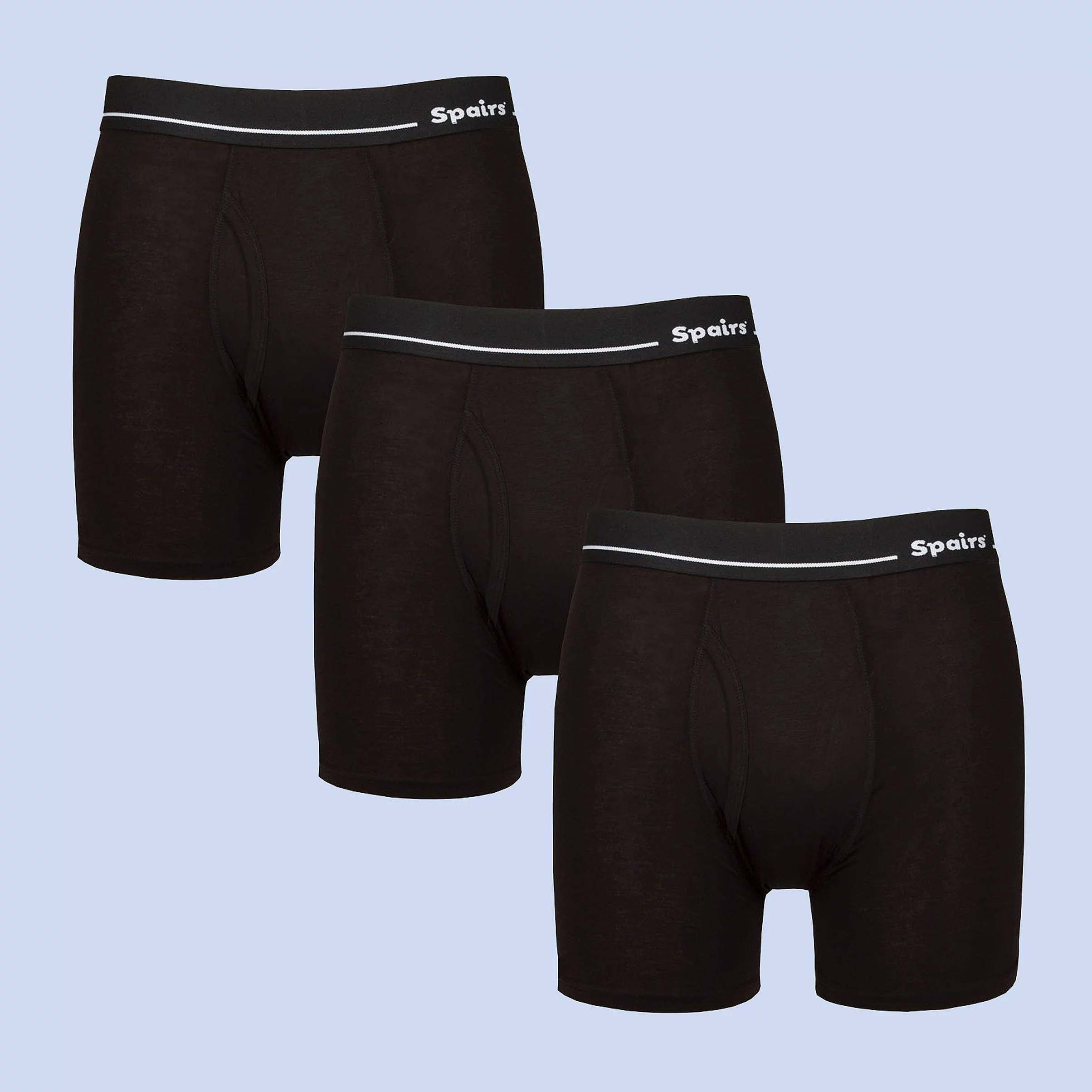 Three pack of men's black coloured bamboo boxer shorts with longer leg