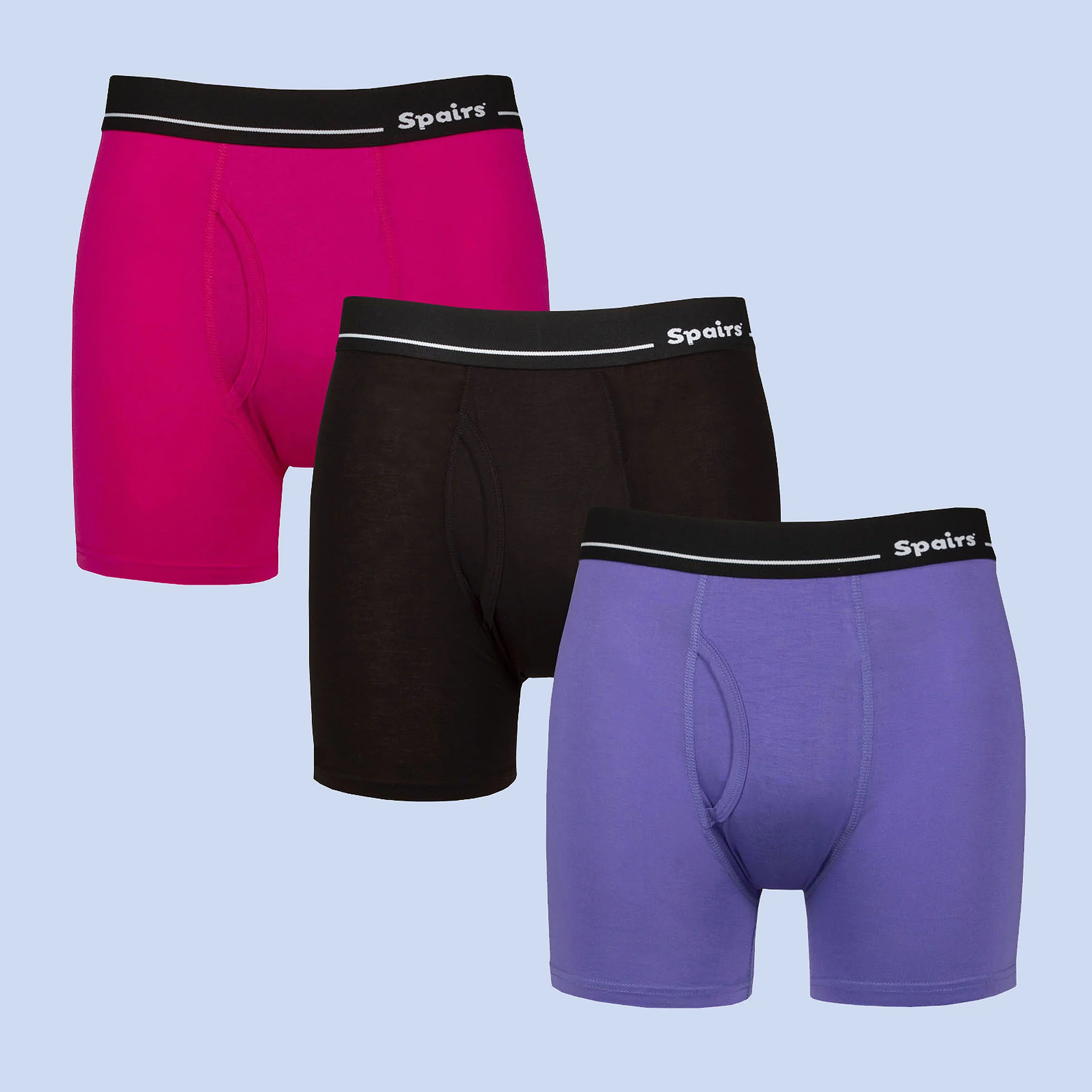 Three pack of men's bamboo boxer shorts with keyhole fly in black, pink and purple colours