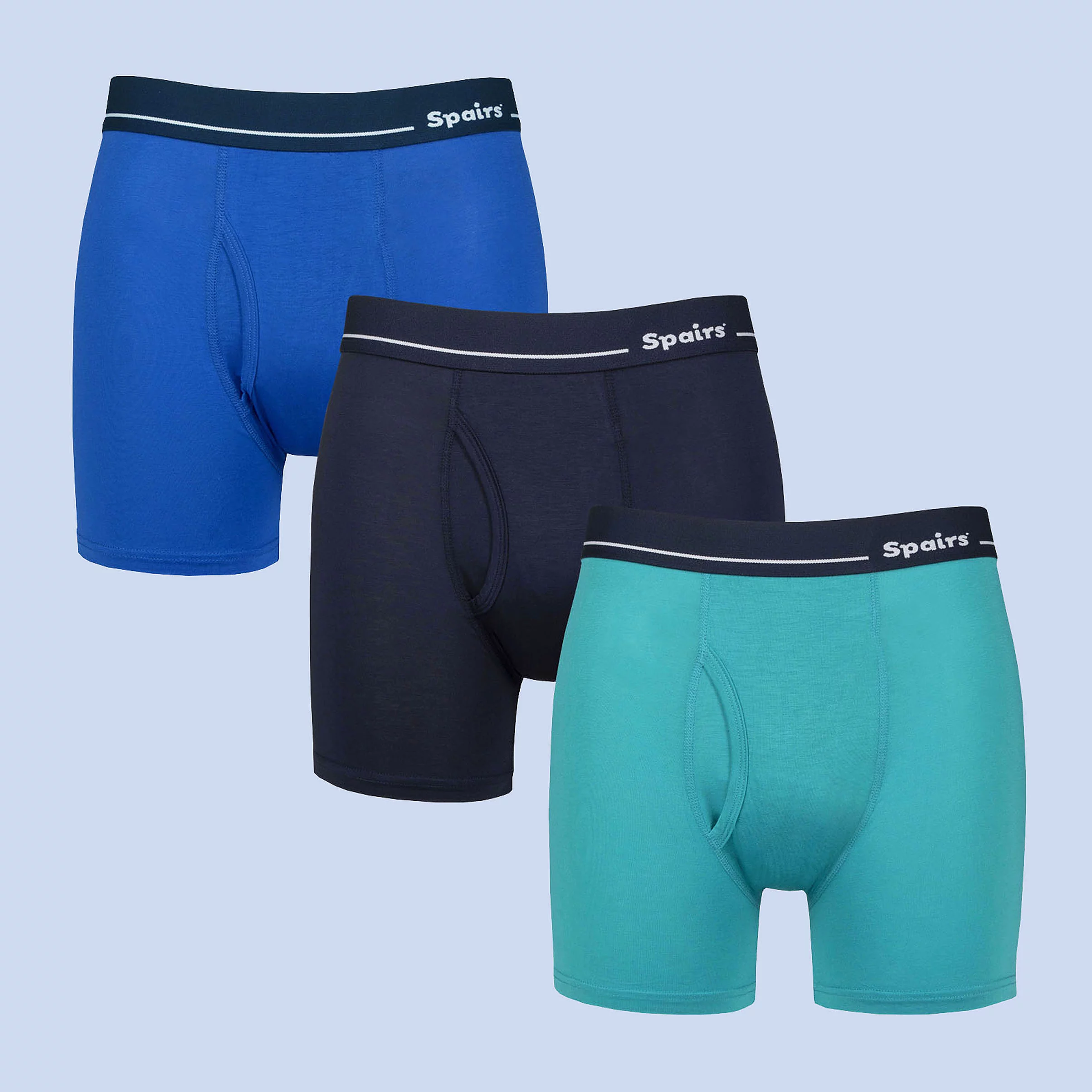 Three pack of men's breathable bamboo boxer shorts with keyhole fly in navy and blue colours