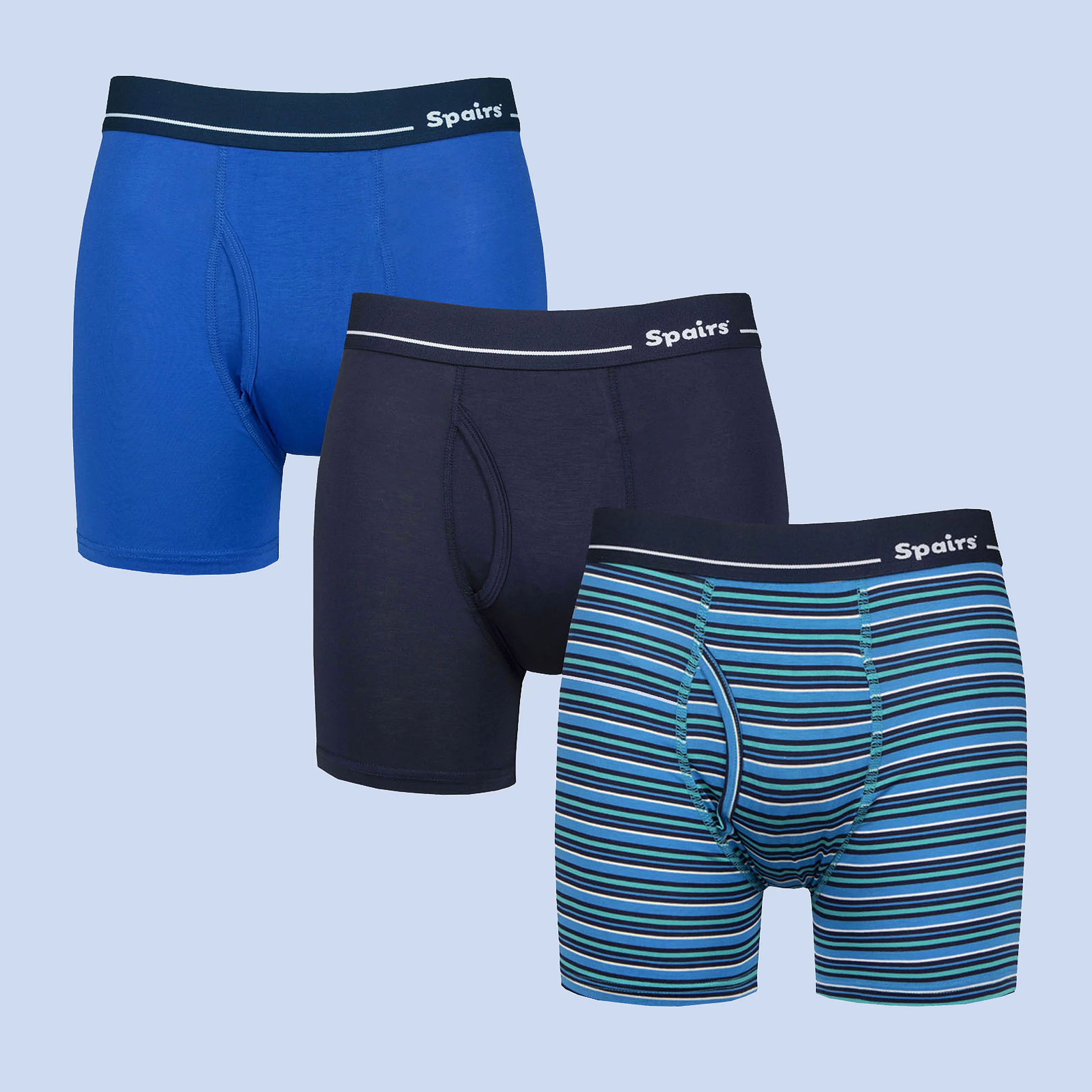 Three pack of men's bamboo boxer shorts with keyhole fly in navy, blue and turquoise colours